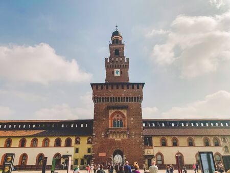 Tower Torrione del Carmine, La torre del Filarete and brick walls of old medieval Sforza Castle Castello Sforzesco. Milan, Lombardy, Italy September 26, 2019.のeditorial素材
