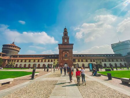 medieval Castle of Sforza or Castello Sforzesco and beautiful Sempione park in the heart of Milan, Lombardy, Italy September 26, 2019. 15th century by Francesco Sforza, Duke of Milan.のeditorial素材