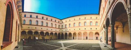 medieval Castle of Sforza or Castello Sforzesco and beautiful Sempione park in the heart of Milan, Lombardy, Italy September 26, 2019. 15th century by Francesco Sforza, Duke of Milan.のeditorial素材