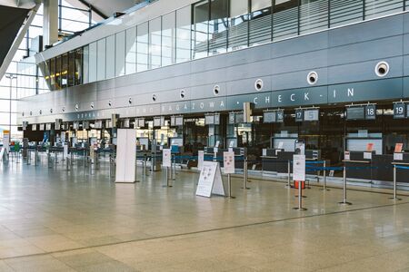 Interior of new modern terminal at Lech Walesa Airport in Gdansk. Lech Walesa International Airport in Gdansk, Poland February 14, 2020. waiting, Arrival departure area of airport terminal.のeditorial素材