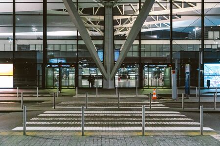 Terminal of Gdansk airport (GDN) in Poland. Exterior view of The Gdansk Lech Walesa Airport. Gdansk Airport Terminal twilight. Gdansk, Poland, February 7, 2020.のeditorial素材