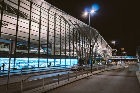 Terminal of Gdansk airport (GDN) in Poland. Exterior view of The Gdansk Lech Walesa Airport. Gdansk Airport Terminal twilight. Gdansk, Poland, February 7, 2020.のeditorial素材