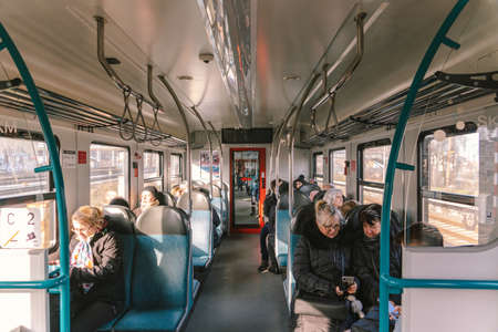 Poland, Gdansk February 9, 2020. Interior suburban train SKM. Train Interior In Poland. Theme of...