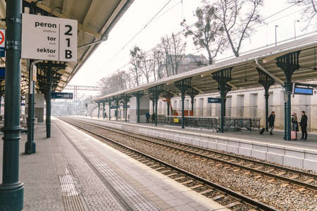 Polish people waiting for a train at Gdansk Glowny main railway station. Taken downtown in winter. Poland, Gdansk February 9, 2020. platform of main railway station Gdansk Glowny SKM.のeditorial素材