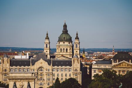 Evening sun on the facade of the Parliament building across Danube river, Budapest, Hungary.の写真素材