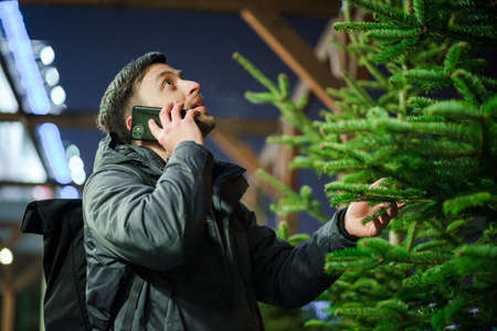 Festive shopping, selection and purchase of New Years attributes. Caucasian man speaks on phone and advises on choosing Christmas tree on evening of New Year Eve. Male buys spruce and uses smartphone.の写真素材
