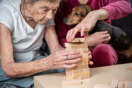 Dementia therapy. Social worker and dog plays an educational board game with senor patient at nursing home.  game. Caregiver, pet and elderly female build tower of blocks in retirement homeの写真素材