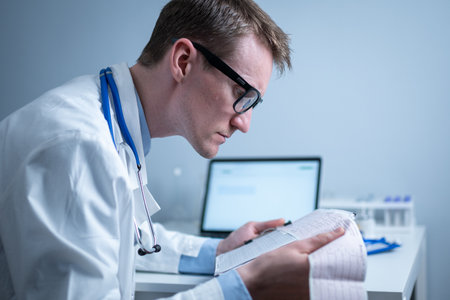 Topic of timely checking for heart disease. Heart disease myocardial infarction. Doctor analyzing electrocardiogram at the desk in hospital office. Cardiologist at work in clinic. doctor look at EKGの写真素材
