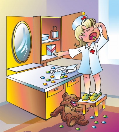 baby girl plays in the doctor swallowing pills crying bitterly toy bear poisonedのイラスト素材