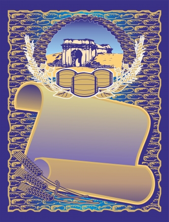 parchment manuscript paper form listings showing the ruins of the fortress gate barrels earsのイラスト素材