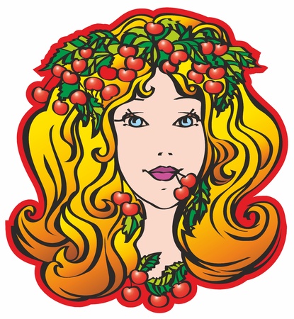 cherry, lady, leaves, face, female, girl, headのイラスト素材