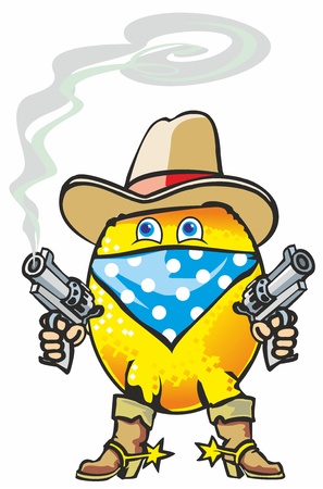 citrus lemon in the form of a burglar thief cowboy hat with pistols in boots with spursのイラスト素材
