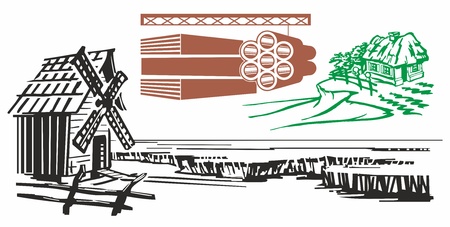 mill and the field cornfield ears hut homestead house fence garden pipes metalのイラスト素材