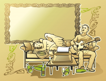 therefore men guitarist singer playing guitar muse nymph zhenschinas wings with lyre napodushkah sleeping sofa table typewriter paper bottle glasses frame greetingのイラスト素材