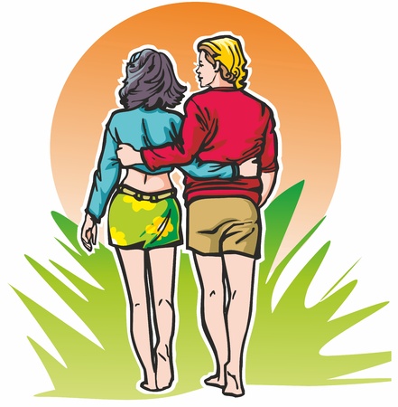 couple man woman greeted the dawn sun go arm in arm along the path into the bushesのイラスト素材