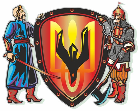 soldiers heroes fighters hold a shield with the symbol of an attacker armed with ax ax falcon sword gun helmet bootsのイラスト素材