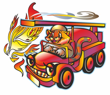 tiger cat firefighter on emergency vehicles arrived to extinguish the flames fire smoke sparks fireのイラスト素材