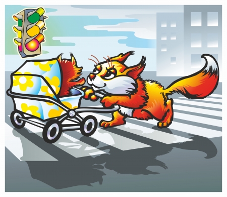 pregnant rodent protein crosses the street on a zebra-carpet roll with a baby stroller at a traffic lightのイラスト素材