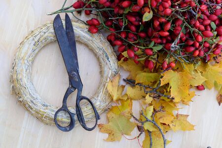 Autumn wreath preparation, decoration properties, rose hips and leaves on wooden table backgoundの写真素材