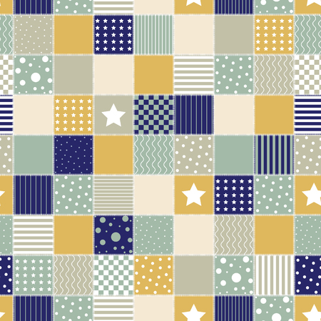 Patchwork geometric retro pattern with star, square, cell, circle, wavy and line. Vintage illustration.のイラスト素材