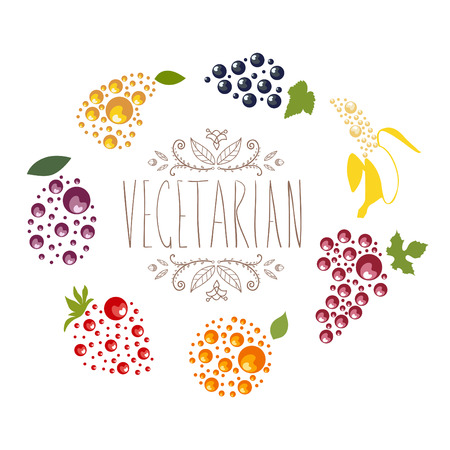 Vegetarian logo with grape, banana, orange, currant, strawberry, plum and pear with green leaves. Vector plant logotype, fruit icon.のイラスト素材
