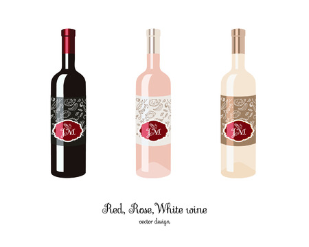 Red, rose and white wine, sparkling wine, champagne bottle, celebratory drink illsutration.のイラスト素材