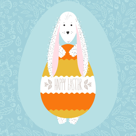Easter holiday card with cute white rabbit and color egg. Easter invitation, vector design.のイラスト素材