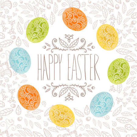 Easter holiday card with eggs and floral pattern, banner design with ornament color eggs. Easter invitation, vector design.のイラスト素材