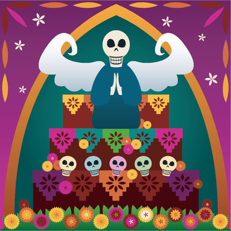 Festive skulls and an angel on top of an altar to celebrate Dia de los Muertos (the Day of the Dead, Oct.31-Nov2) - in rememberance of loved ones who've passedのイラスト素材