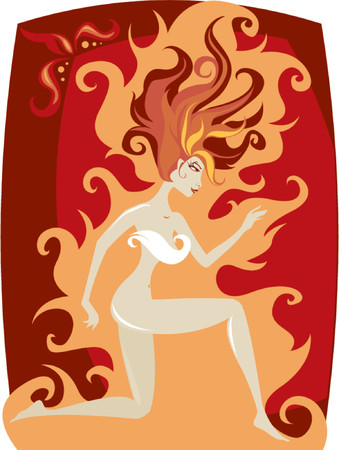 Woman in movement with wildfire hair - on a background of flamesのイラスト素材