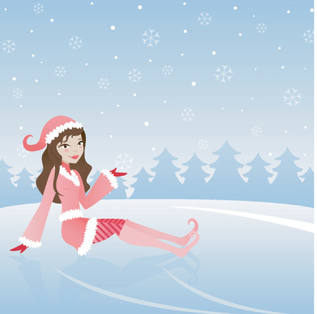 Sitting on the ice in a pink coat and boots, enjoying the winter snowfall - pine trees in the distanceのイラスト素材