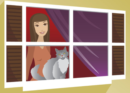 Girl and her cat looking out the windowのイラスト素材