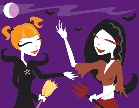 Girls dressed up as a witch and a vampire - enjoying a moonlit  nightのイラスト素材