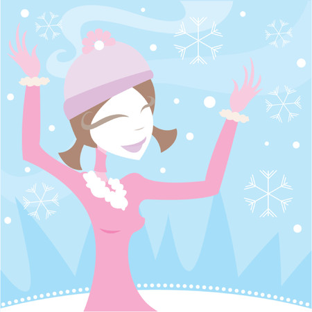 Girl enjoying the snow in winter - bundled up in coat, hat & mittensのイラスト素材