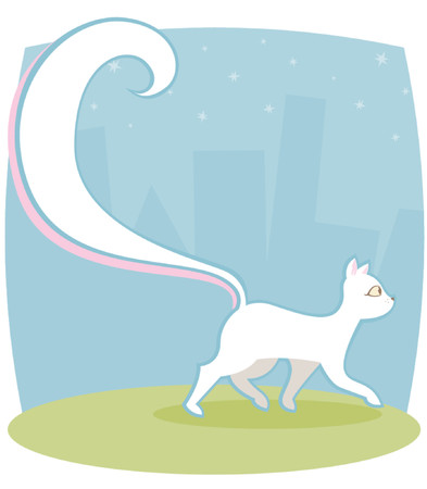 White kitty with a HUGE tail, walking past the city, looking coolのイラスト素材