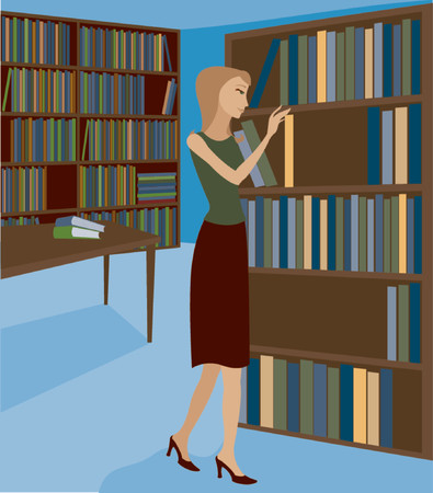 Woman in a bookstore or library, selecting a book from the shelfのイラスト素材