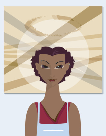 Modern female artist - black or hispanic woman in apron, staning in front of her masterpieceのイラスト素材