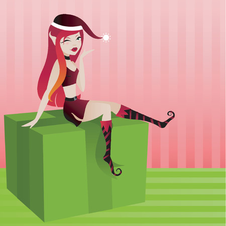 Naughty little elf takes a break from gift-wrapping to wink and blow a のイラスト素材