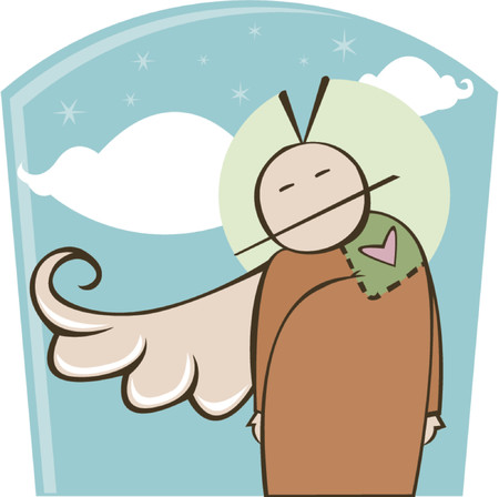 Angel character with one wing and a stitched heart sewn onto his robe - partial halo behind his headのイラスト素材