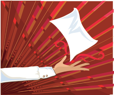 Arm reached out, presenting a page on red patterned backgroundのイラスト素材