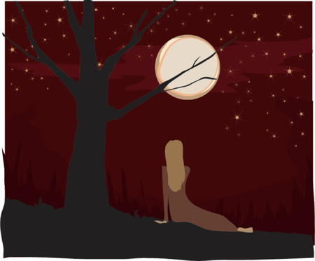 Woman outside in the night, viewing a full moonのイラスト素材