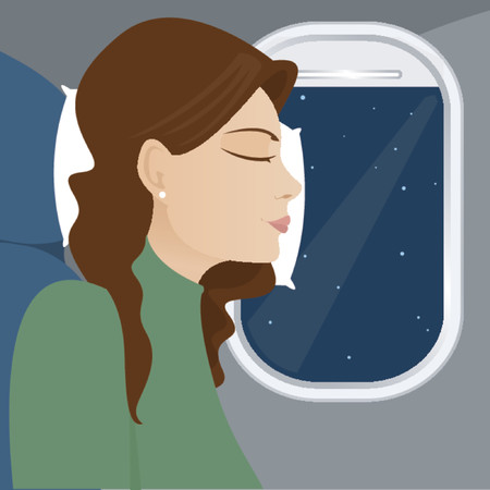Woman leans against the airplane window, sleeping during flightのイラスト素材