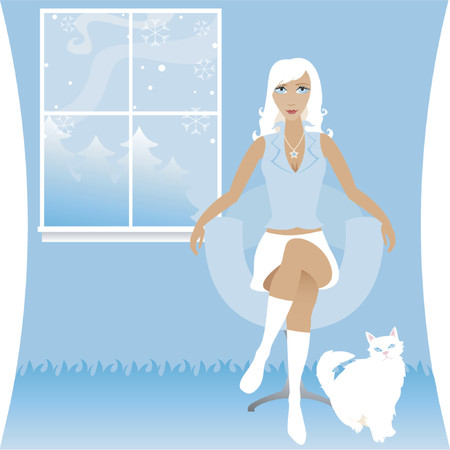 Stylish woman sits and enjoys a cool winter evening with her white cat - a scene of snow falling outside the widowのイラスト素材