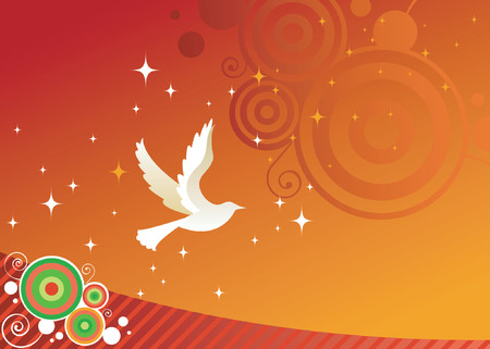 White dove flies across a red sky - as symbol for peace and a harmonious holiday season - stars, stripes and curly-cue elements in the backgroundのイラスト素材