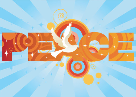 Dove flies across the word PEACE, surrounded by stars, stripes and circles...のイラスト素材