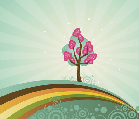 A solo tree, strange and magical, atop a rainbow hillのイラスト素材