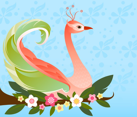 Beautiful fantasy bird with colorful plumage, perched on a flowered branch - with a subtle flower patterned backgroundのイラスト素材