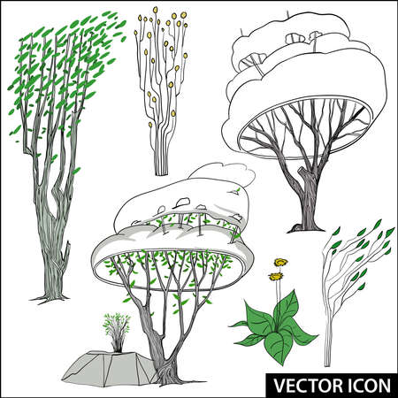 set of vector images of trees and bushes for landscape designのイラスト素材