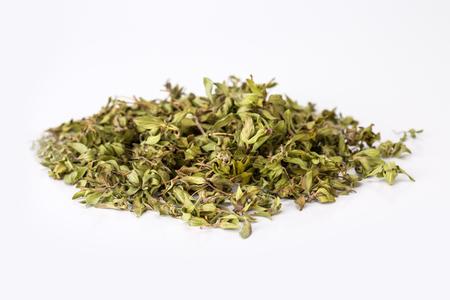 Top View Of Dried Persian Ziziphora Known As Kakouty In Iran Mountain Plants With Aromatic Smell As Mint Or Thyme Used For Herbal Tea Or Garnishing Or Traditional Medicine Isolated On White Backgroundの写真素材