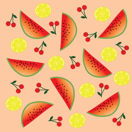 Watermelon, lemon and cherry summer illustration for backgroundのイラスト素材